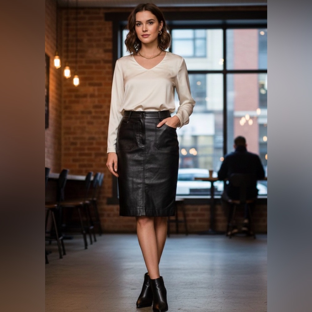 Maeve by Anthropologie Black Faux Leather Midi Skirt - Size Small
